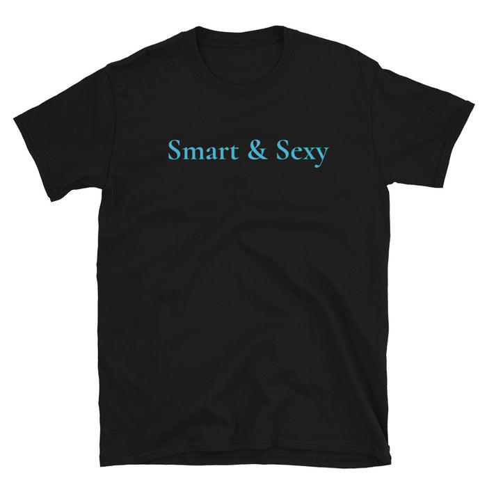 Black Smart & Sexy T-shirt featuring turquoise-blue lettering with the words Smart & Sexy printed across the chest.