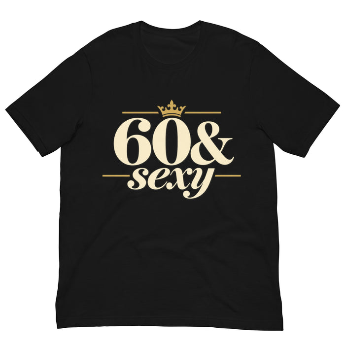 Black 60 & Sexy birthday T-shirt with elegant cream and gold lettering, decorative lines and a small gold crown.