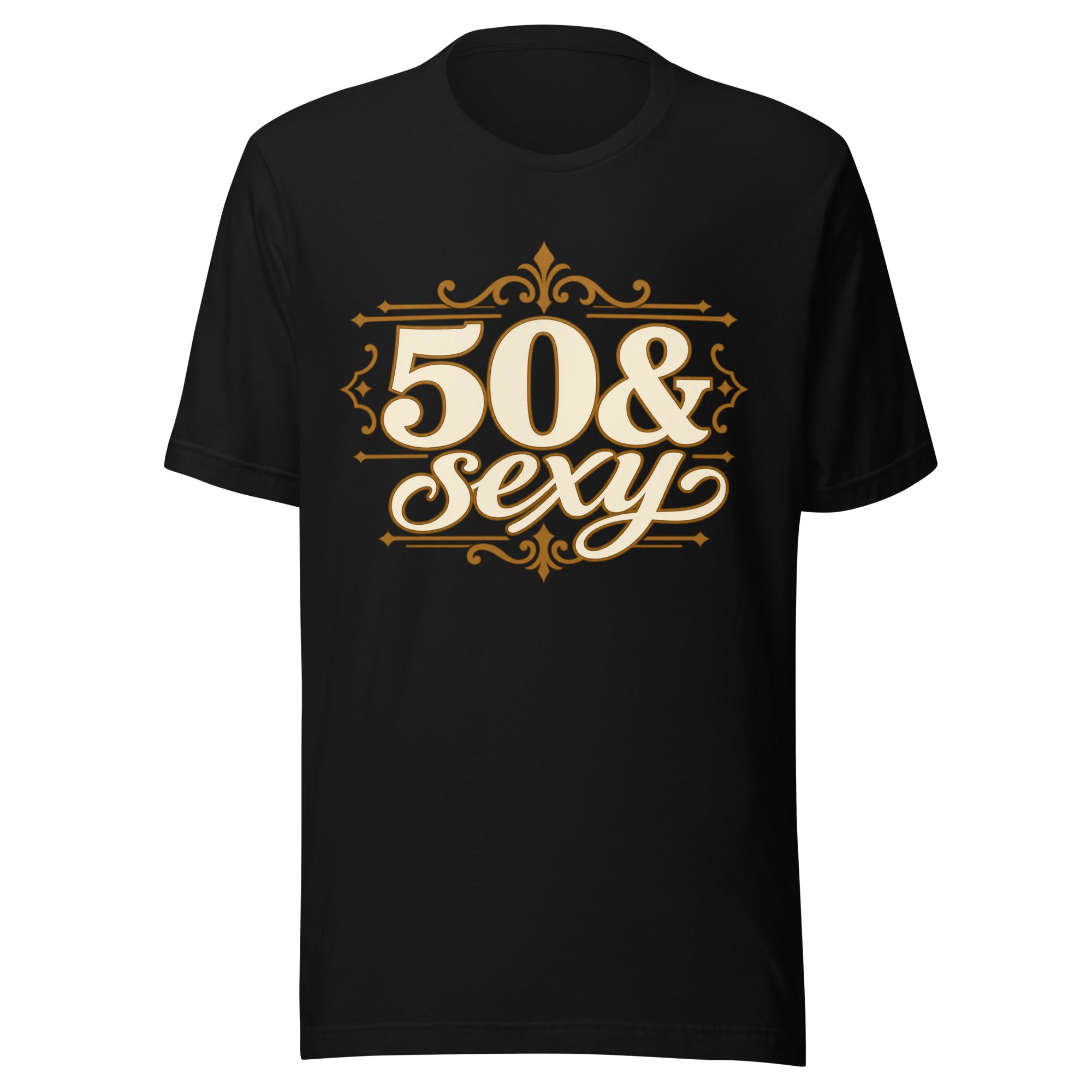 Black 50 & Sexy birthday T-shirt with white and gold vintage lettering and ornate decorative flourishes.