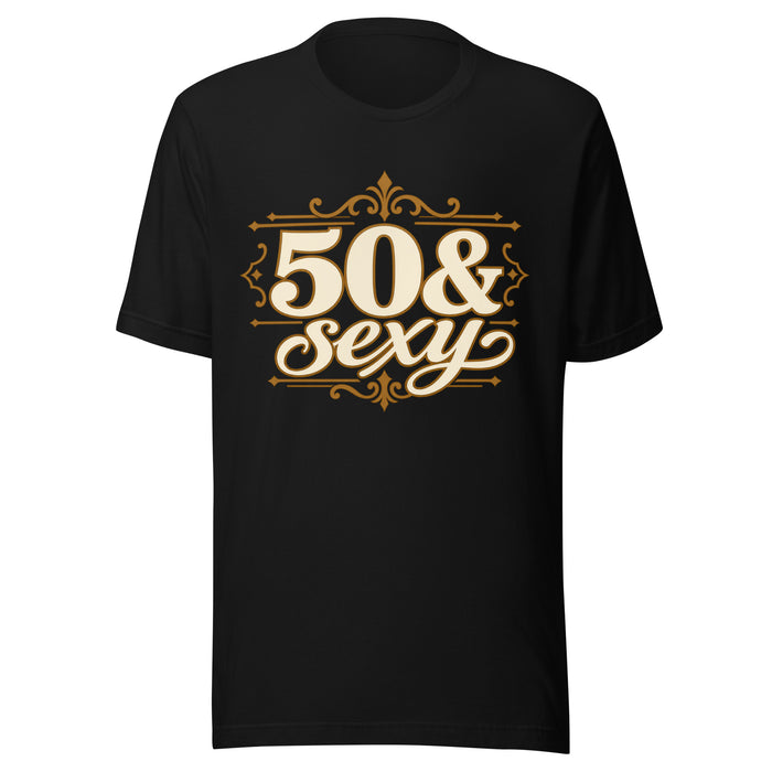 Black 50 & Sexy birthday T-shirt with white and gold vintage lettering and ornate decorative flourishes.