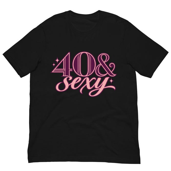 Black 40 & Sexy birthday T-shirt with pink retro outlined numbers, cursive lettering and sparkling accents.