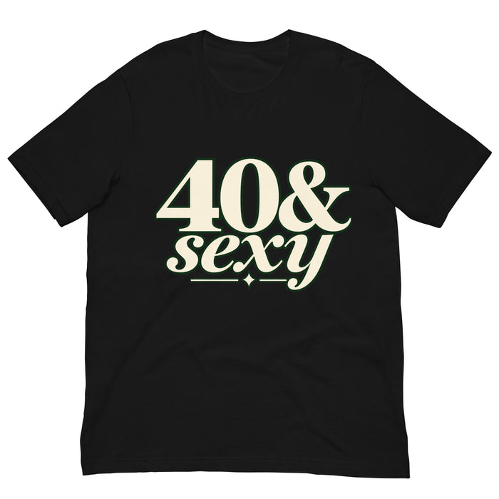 Black 40 & Sexy birthday graphic T-shirt with bold cream-white numbers and elegant cursive lettering.