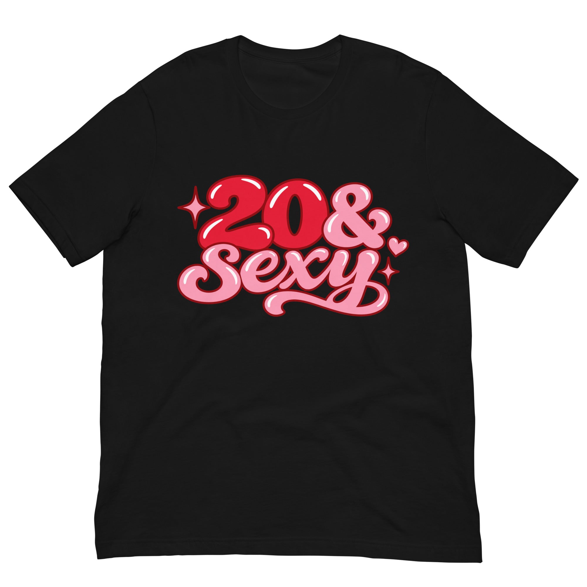 Black 20 & Sexy birthday T-shirt with bright pink retro lettering, small heart details and decorative stars.