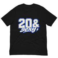 Black 20 & Sexy birthday T-shirt featuring varsity-style white numbers outlined in blue and sporty script lettering