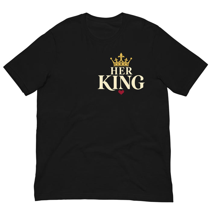 Black Her King romantic T-shirt with gold crown, elegant white and gold lettering and a small red heart.