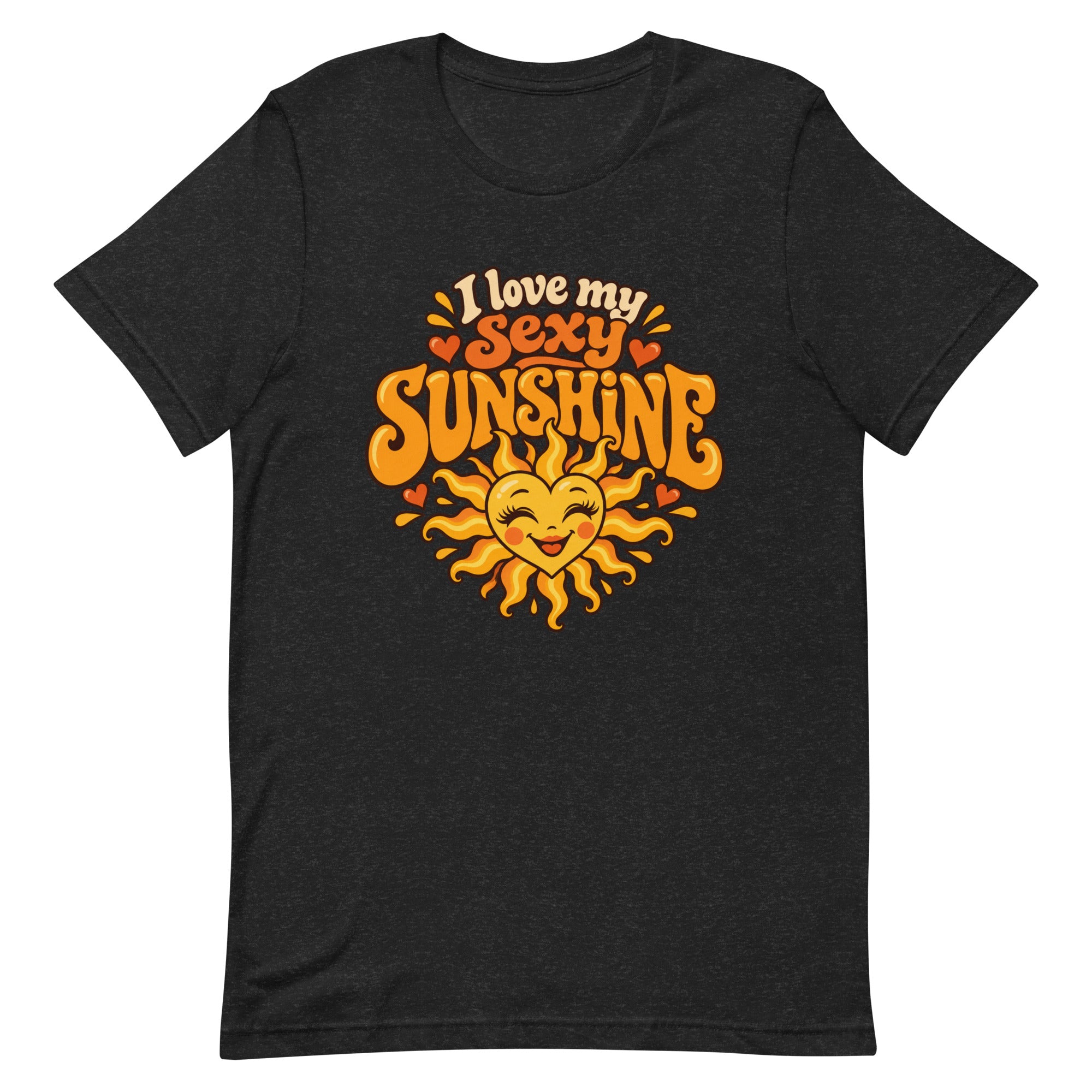 Black I Love My Sexy Sunshine T-shirt featuring orange and yellow retro typography and a smiling illustrated sun.