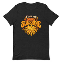 Black I Love My Sexy Sunshine T-shirt featuring orange and yellow retro typography and a smiling illustrated sun.