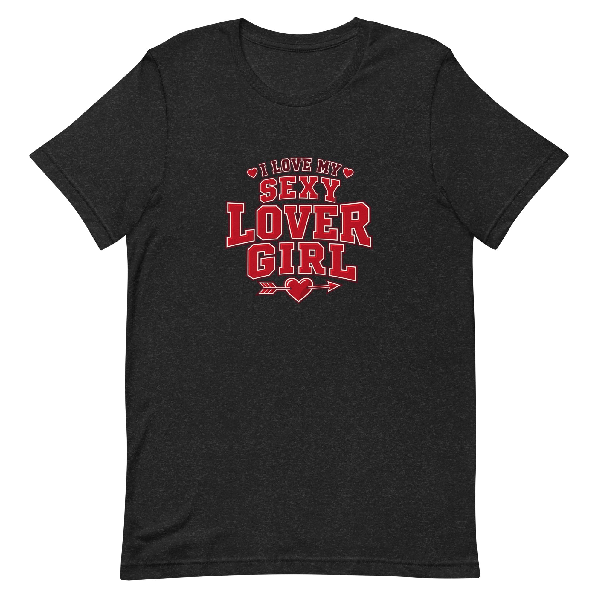 Black I Love My Sexy Lover Girl T-shirt with vintage-inspired red varsity lettering and small decorative hearts.