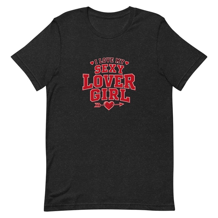 Black I Love My Sexy Lover Girl T-shirt with vintage-inspired red varsity lettering and small decorative hearts.