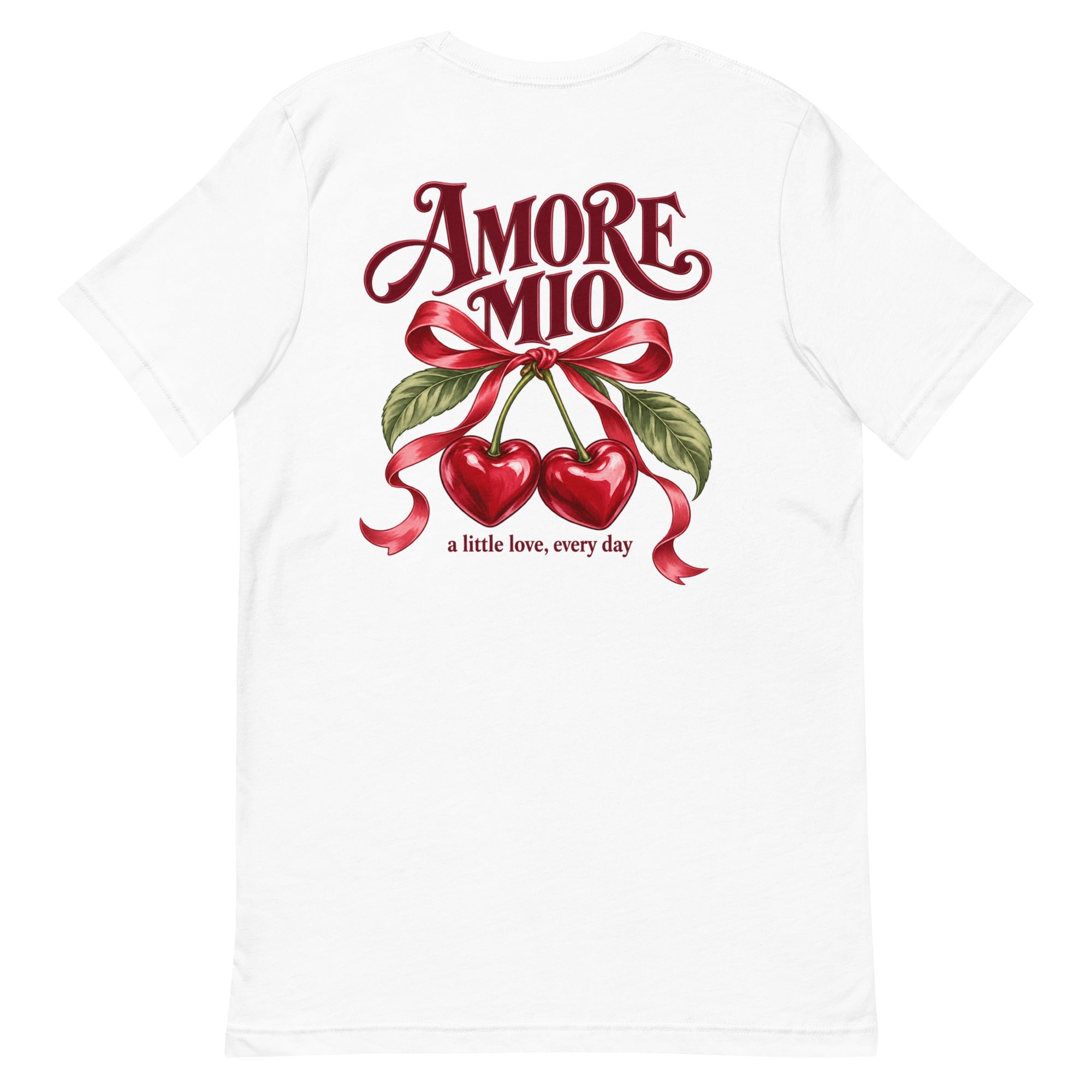 White Amore Mio graphic T-shirt featuring a romantic Italian cherry and ribbon design printed on the back.