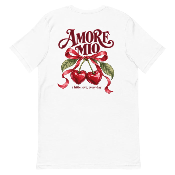 White Amore Mio graphic T-shirt featuring a romantic Italian cherry and ribbon design printed on the back.