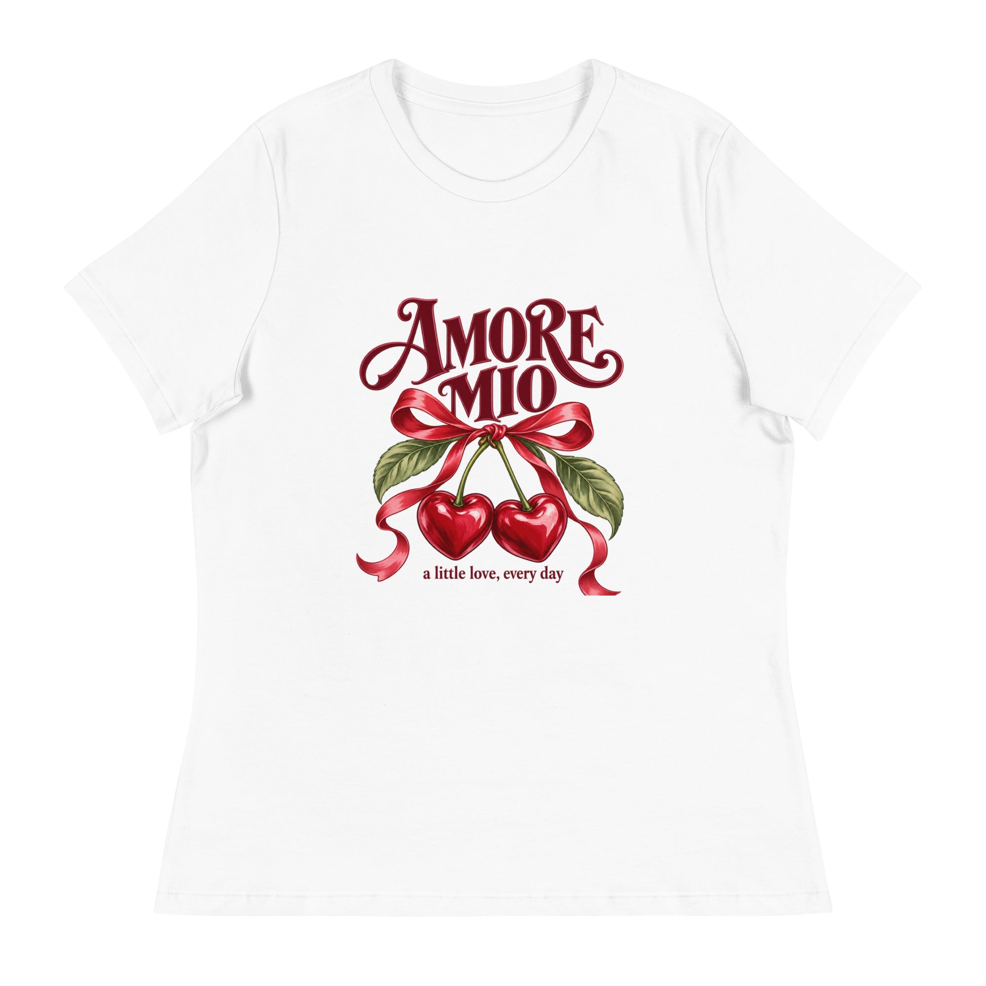 White Amore Mio Italian romantic T-shirt featuring vintage-style lettering, red cherries, green leaves and a decorative red ribbon.