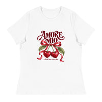 White Amore Mio Italian romantic T-shirt featuring vintage-style lettering, red cherries, green leaves and a decorative red ribbon.