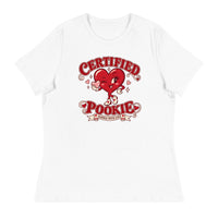 White Certified Pookie graphic T-shirt featuring red vintage-style lettering, a cute cartoon heart character and decorative hearts.